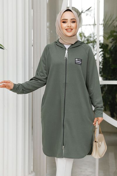 Neva Style Hanorac Hijab kaki cu fermoar 30157HK
