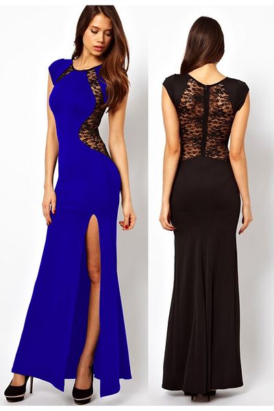 lovebox Rochie de seară de scafandru elastică cu dantelă și detaliu cu fante - Lungă 6137