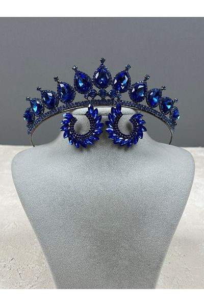 Hayalperest boncuk Neri Model Sax Blue Wedding Henna Costume - Crown and Leaf Earring Set