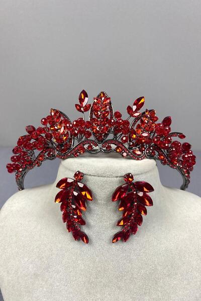 Limelia Coroană de mireasă cu henna și cercei cu frunze cu mărgele roșii Jabbah