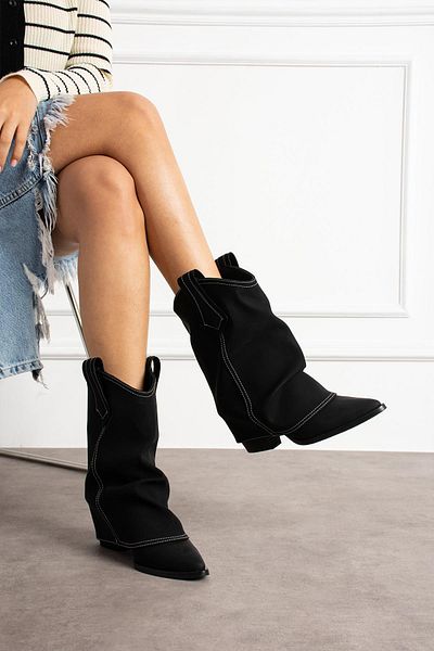ShoeTek Cizme de cowboy de damă Livinya cu burduf din piele intoarsa neagra