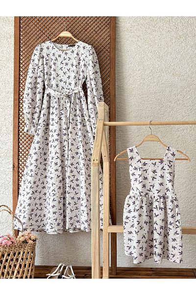 KÜÇÜĞÜM BUTİK Λευκό-Μωβ Λεβάντα Floral Seersucker Mother Daughter Dress Συνδυασμός