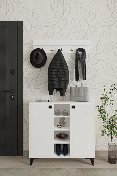 AYMOBSAN Akasya 2 Kapaklı Ayakkabılık, Vestiyer, Portmanto, Askılık, 90 Cm, Beyaz