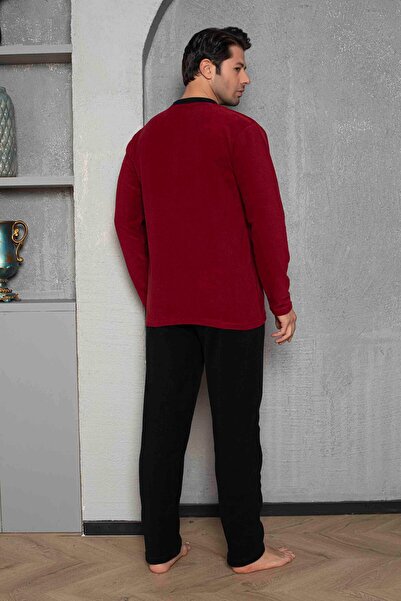 MİRELLA Men's Burgundy Bottom Black Garnished Long Sleeve Fleece Fabric Winter Warm Pajamas Set