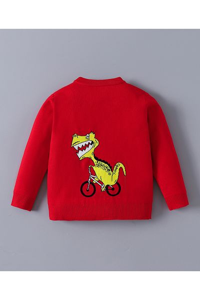 SAPS Cycling Dino Graphic V Neck Full Sleeves Sweater - Red