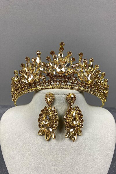 Limelia تاج حنة الزفاف باللون العسلي وأقراط حجر المكوك