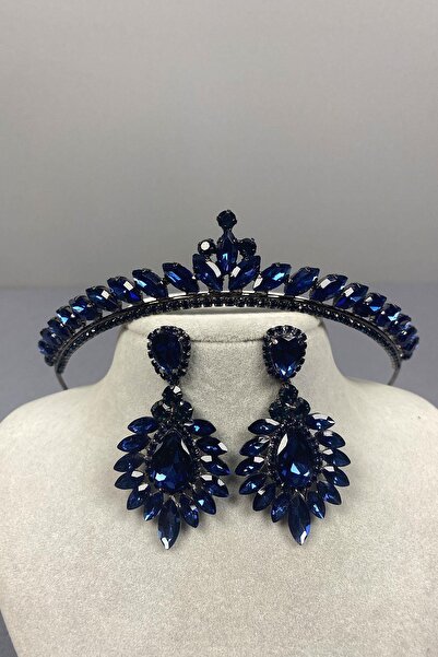 ESPEREST طقم تاج الحناء للزفاف باللون الأزرق الداكن من Ece وأقراط مكوكية قطرة