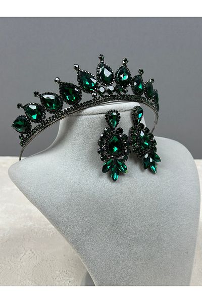 Hayalperest boncuk Green Neri Model Wedding Henna Costume Set - Crown and Shuttle Drop Earrings