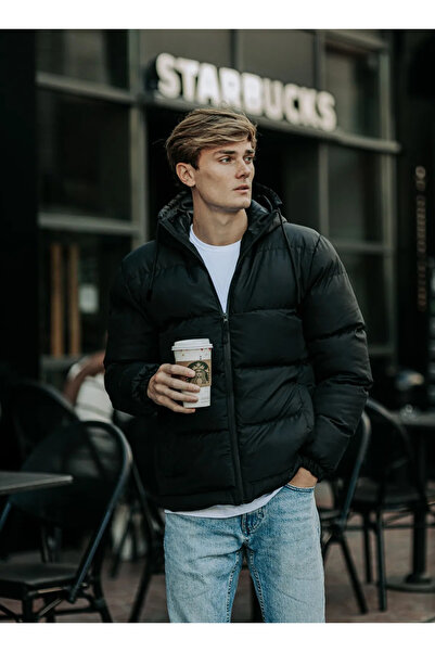 modaonline معطف شتوي أسود بغطاء للرأس مقاوم للماء والرياح للرجال مبطن من الداخل