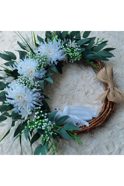 Lotus Hediye Beyaz Kasımpatılı Kuşlu Kapı Süsü Çelenk