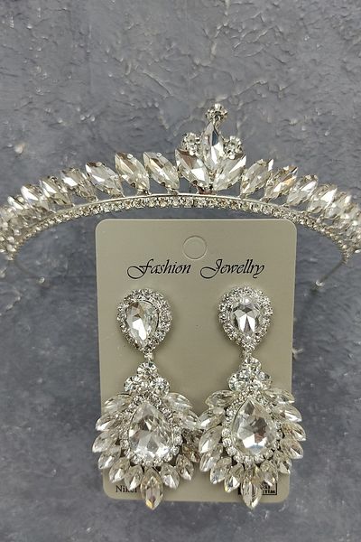 Hayalperest boncuk Ece Model Bridal Crown and Drop Shuttle Stone Earrings