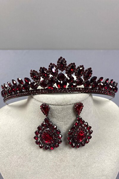 ESPEREST طقم تاج حنة الزفاف من لين باللون العنابي وأقراط من حجر اللوز