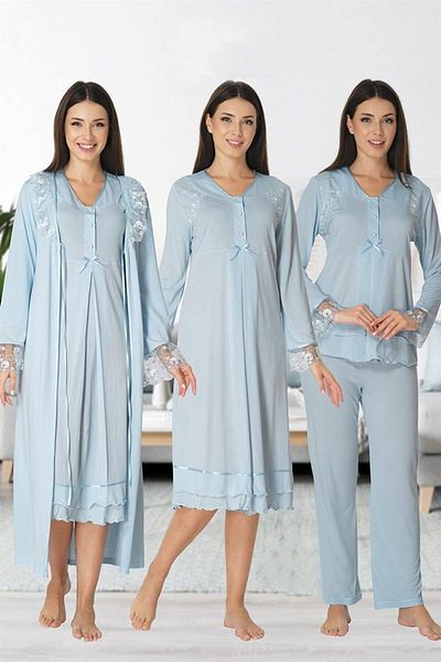 Pelin Set de pijamale de maternitate cu mâneci lungi din dantelă albastră - Set de 4 pentru maternitate