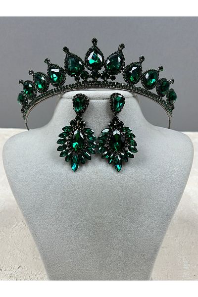 Hayalperest boncuk Green Neri Model Bride and Wedding Henna Crown Drop Shuttle Earring Set