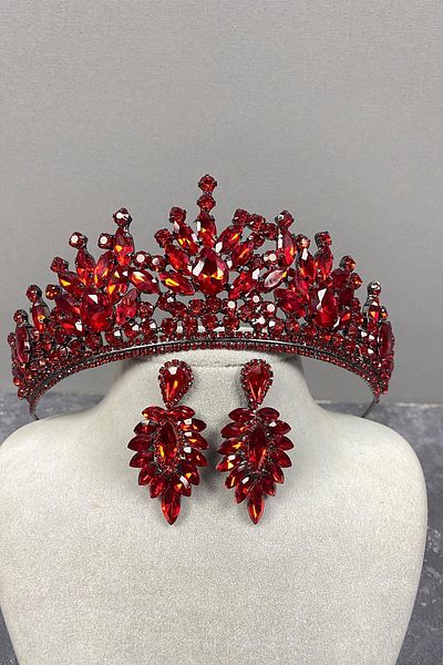 Hayalperest boncuk Red Pera Bridal Henna Crown and Shuttle Earrings