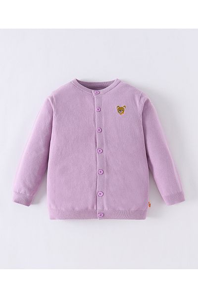 SAPS Cotton Blend Teddy Bear Embroidered Full Sleeves Front Open Sweater - Purple