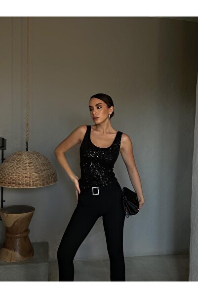 minaaise Dámská blůza s flitry s flitry s černým páskem u bazénu 28369