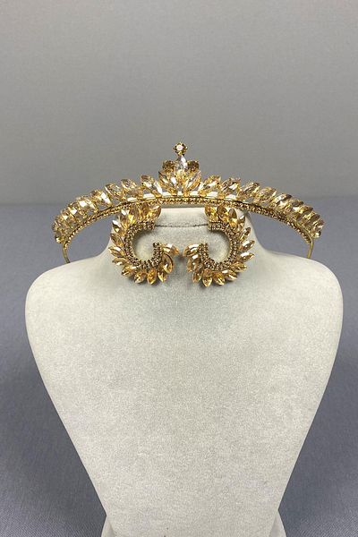 Hayalperest boncuk Honey Color Ece Bridal Henna Crown and Round Jewelled Earring Set