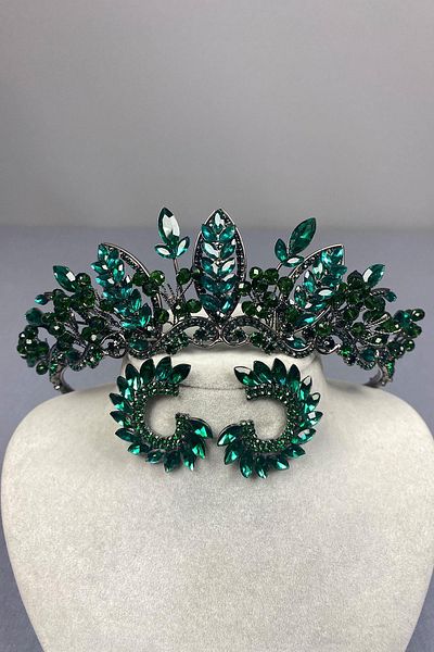 Hayalperest boncuk Green Jabbah Bead Embroidered Bridal Henna Crown And Round Earrings