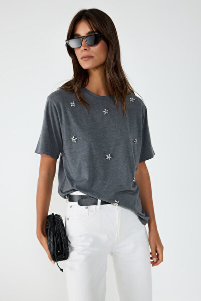 No Matter What Anthracite Flower Stone Embroidered Round Neck T-Shirt