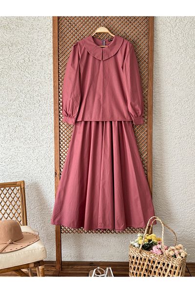 KÜÇÜĞÜM BUTİK Set bluză din popelin cu guler mic Dusty Rose și fustă evazată cu șnur