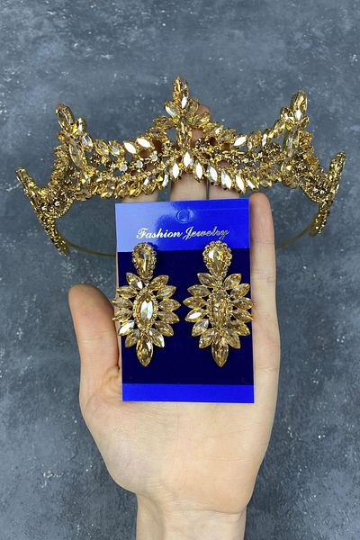 Hayalperest boncuk Honey Colored Venice Stoned Bridal Henna Crown and Drop Earring Set