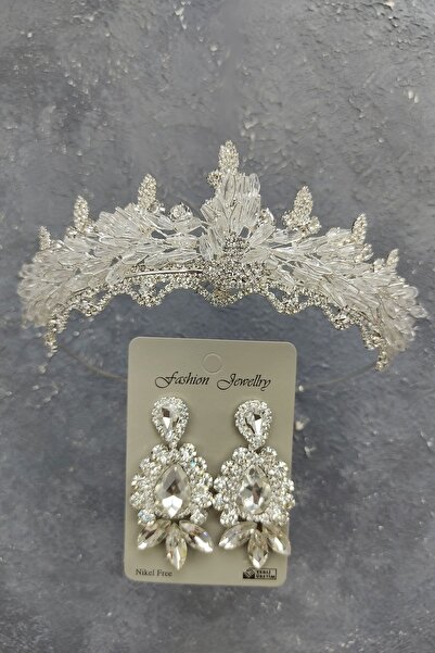 Limelia Coroană de mireasă cu mărgele de migdale și cercei cu piatră de picătură