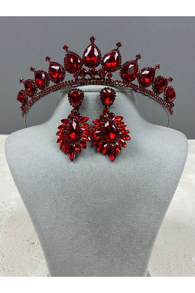 Hayalperest boncuk Red Neri Model Wedding Henna - Crown and Drop Shuttle Earring Set