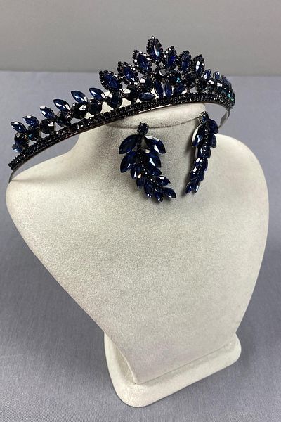 Hayalperest boncuk Navy Blue Leyn Bridal Henna Crown and Leaf Stone Earring Set
