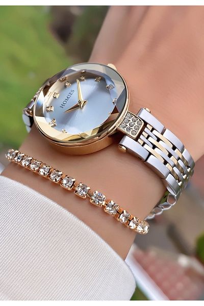 Homies Yellow Silver Colored Waterproof Women's Wristwatch and Bracelet Gift