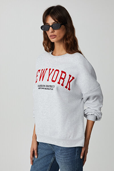 ETHIQUET JORDIN Kadın Uzun Kollu Yuvarlak Yaka Önü Aplike Nakışlı Düşük Omuz Oversize Grimelanj Sweatshirt