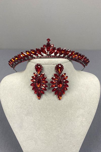 Hayalperest boncuk Red Ece Bridal Henna Crown And Thin Shuttle Stone Earrings