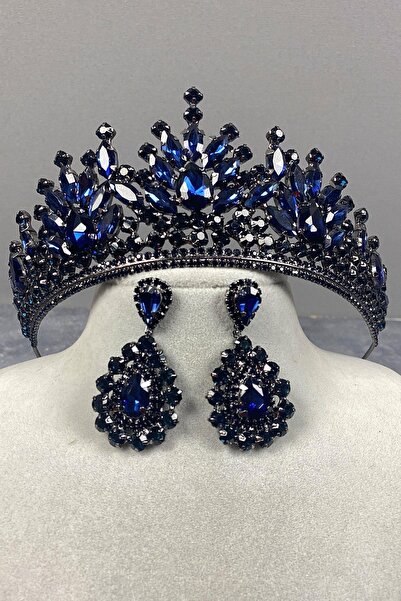 Limelia Обеци за вечерна рокля с корона и капка от тъмносини пера, с къна и ф...