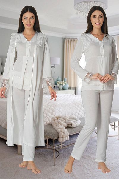 Pelin Women's Ecru Long Sleeve Lace Maternity Maternity 3-Piece Pajamas Set