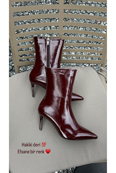 GLAZA Kadın Hakiki Bordo Kırışık Rugan Deri Sivri Ökçeli Bot