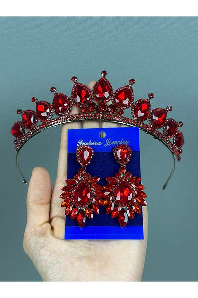 Hayalperest boncuk Red Neri Model Wedding Henna - Crown and Drop Shuttle Earring Set
