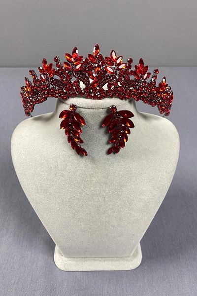 Hayalperest boncuk Red Belur Bridal Henna Crown and Leaf Earring Set