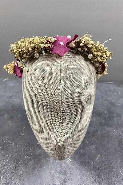 Hayalperest boncuk Hydrangea and Shocked Cipso Dried Flowering Bridal Crown with Pearls