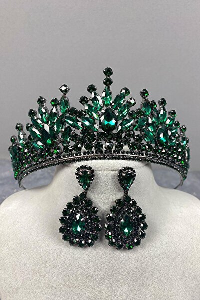 Limelia Обеци за вечерна рокля с корона и капка от зелена пера, къна и булчин...