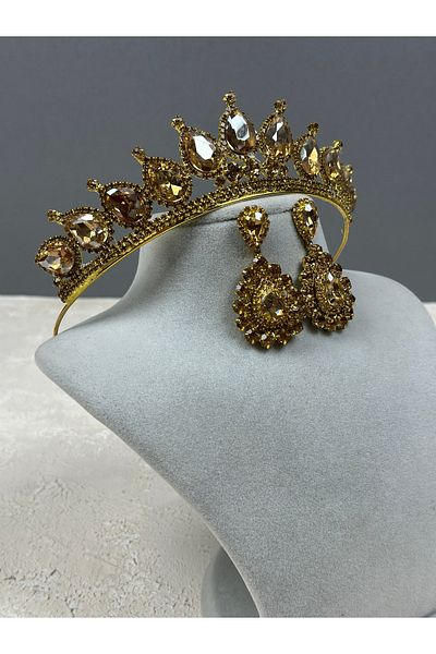 Hayalperest boncuk Bridal Wedding Neri Model Henna Crown and Shuttle Earring Set - Gold
