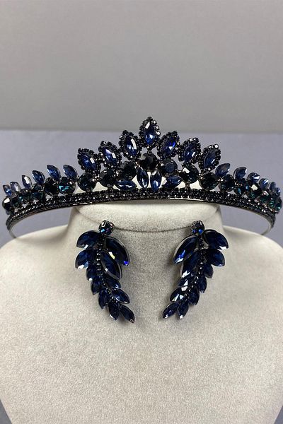Hayalperest boncuk Navy Blue Leyn Bridal Henna Crown and Leaf Stone Earring Set