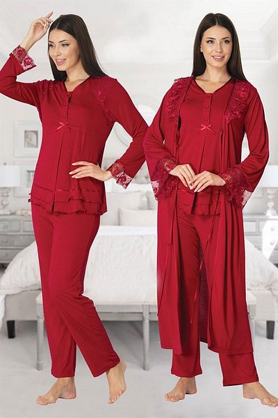 Pelin Women's Cherry Long Sleeve Lace Maternity 3-Piece Pajamas Set with Dressing Gowns