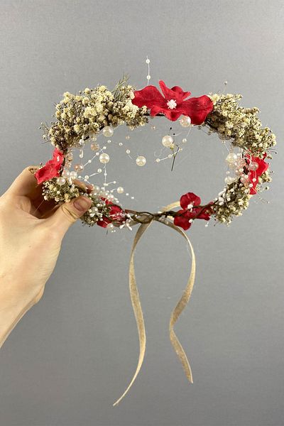 Hayalperest boncuk Red Hydrangea And Shocked Cipso Dry Floral Pearl Bridal Crown