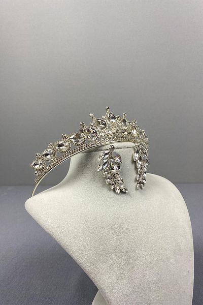 Hayalperest boncuk Silver Ade Bridal Crown and Leaf Jewelled Earring Set