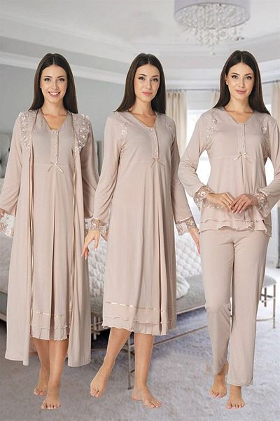 Pelin Milk Coffee Colored Lace Long Sleeve Maternity Nightgown and Pajamas Set - Set of 4