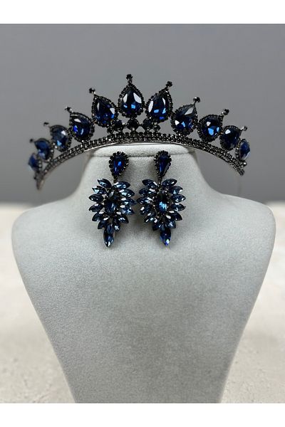 Hayalperest boncuk Navy Blue Neri Model Wedding Henna Costume Crown and Drop Earring Set