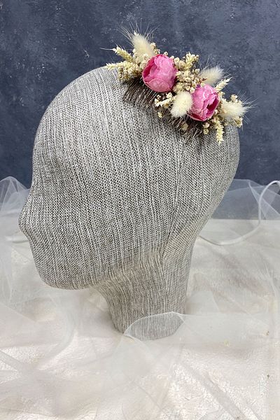 Hayalperest boncuk Pink Cotton Grass Cipso and Artificial Flower Comb Hair Clip