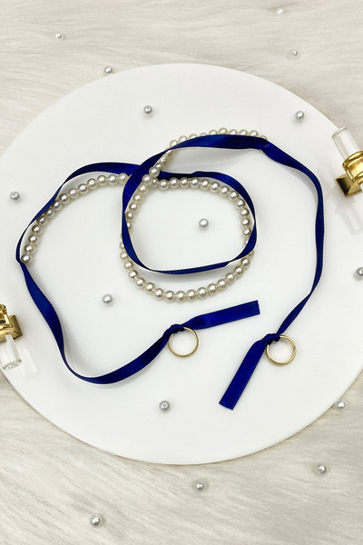 ZEYMERADE شريط خاتم الخطوبة باللون الأزرق الداكن مع لؤلؤة مسكوبة، العريس