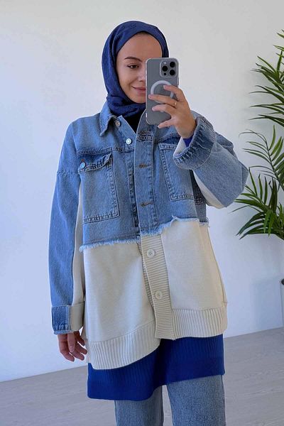 Ka Hijab Cardigan hijab din tricotaje cu nasturi cu detalii din jeans
