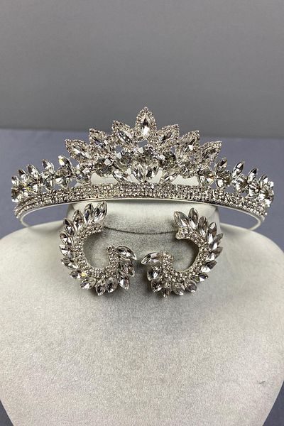Hayalperest boncuk Silver Leyn Bridal Crown and Round Jewelled Earring Set